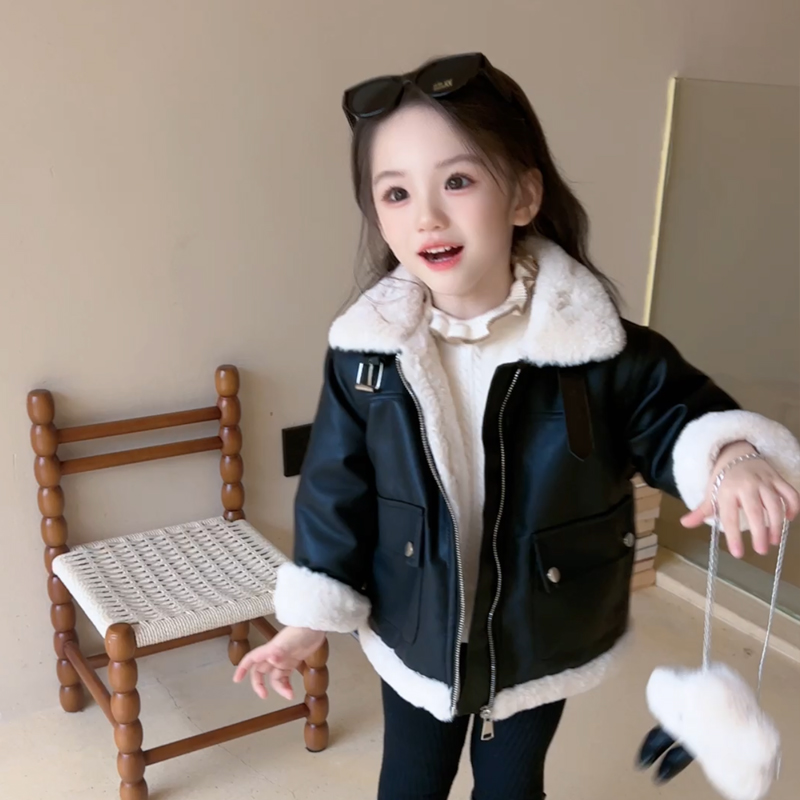 【飒疯了】WWLL 定制女童皮衣女宝宝外套pu上衣儿童加绒加厚外套