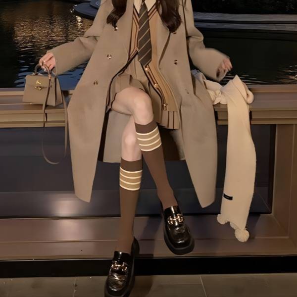 衣人花/咖色条纹小腿袜复古学院风春秋日系袜子女ins撞色小腿