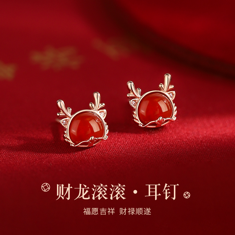 925银耳饰 红色龙年耳钉女2024新款本命年耳环小巧精致防过敏耳饰