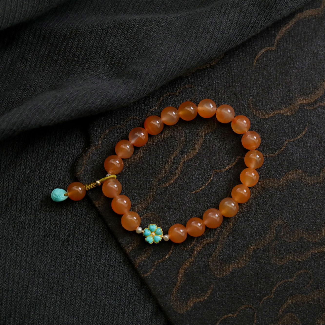 【原创】南红玛瑙镶金绿松石幸运四叶草女款单圈8.5mm