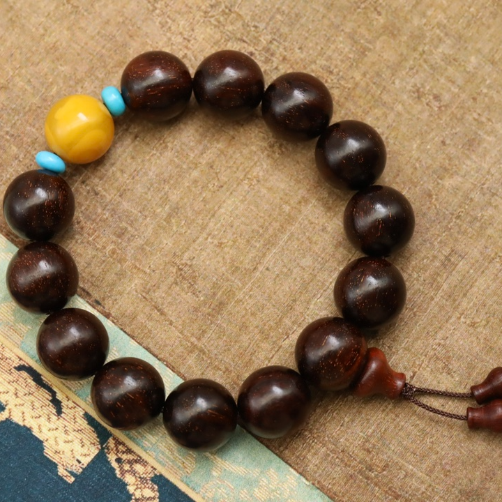 【妙安原创】小叶紫檀满星牛毛纹鸡油黄蜜蜡隔珠大气男士手串15mm