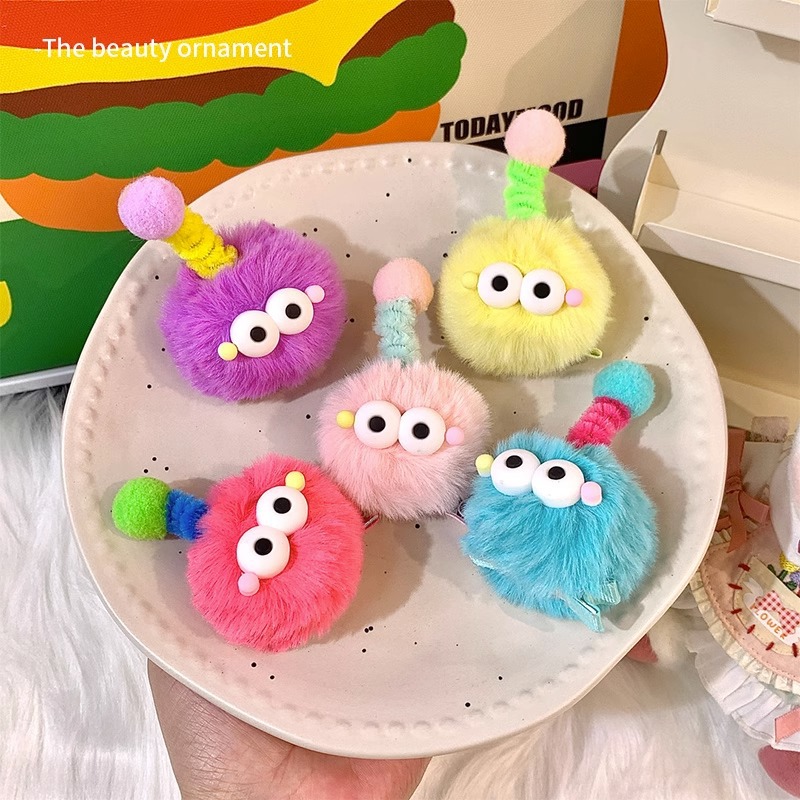 可爱煤球扭扭棒发夹大眼睛天线丑娃娃发卡毛球鸭嘴夹女丑萌头饰品