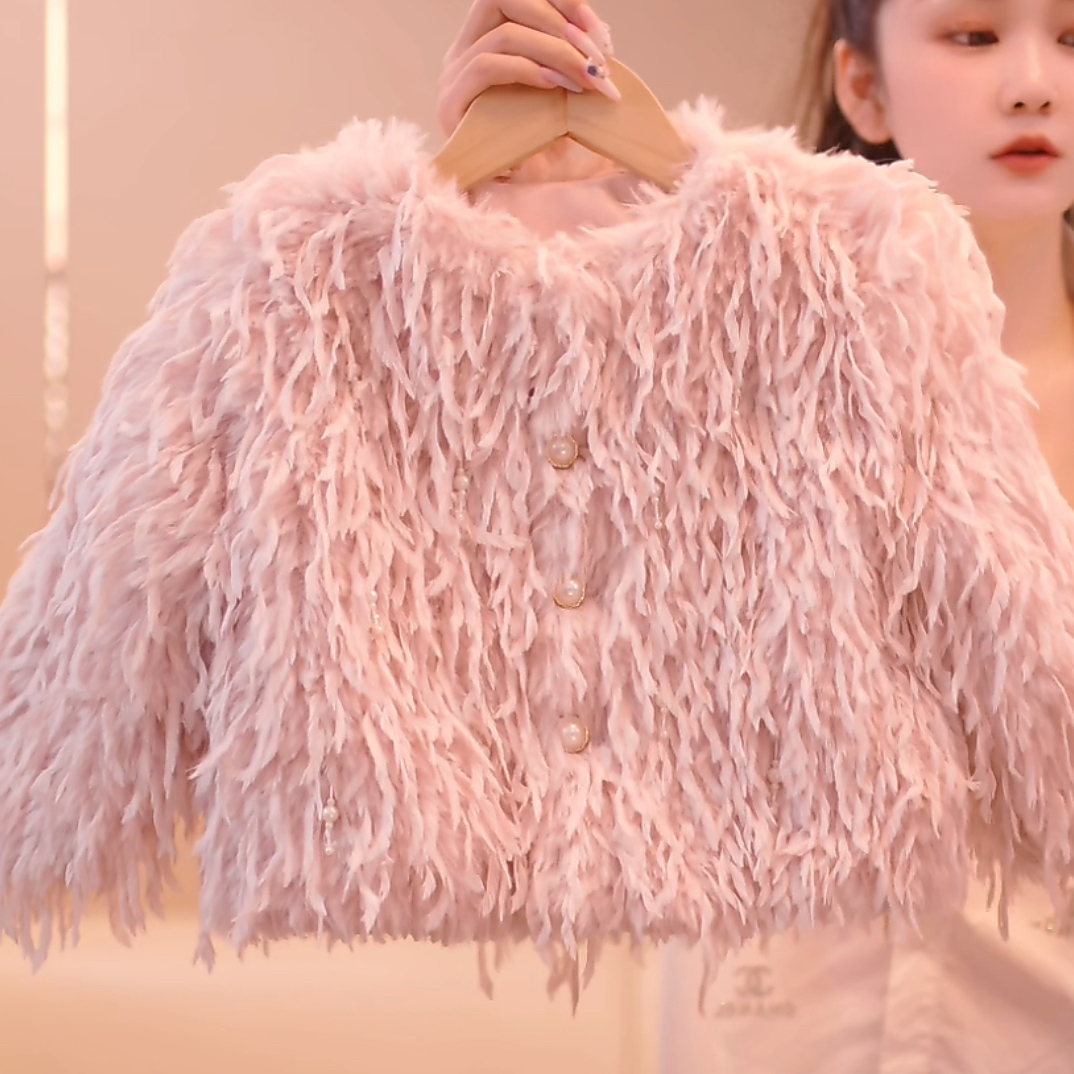 小资女，女童流苏毛毛衣加棉外套
