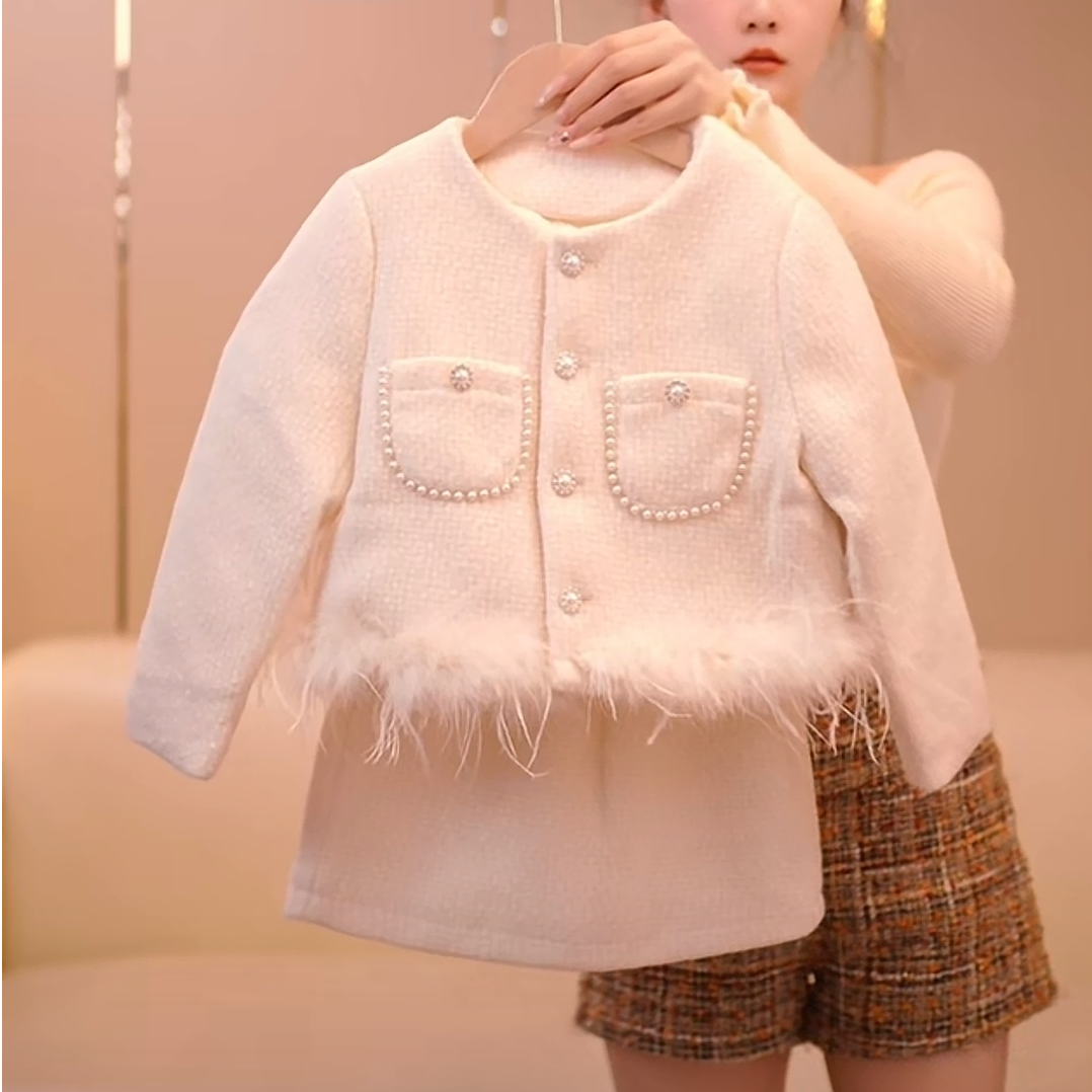 小资女，女童小香风上衣羽绒，裙子加棉白色