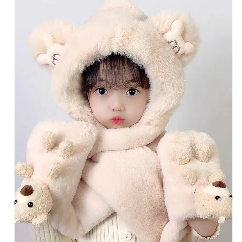 小熊儿童帽子围巾一体冬季宝宝加绒加厚保暖手套男女童三件套袋熊