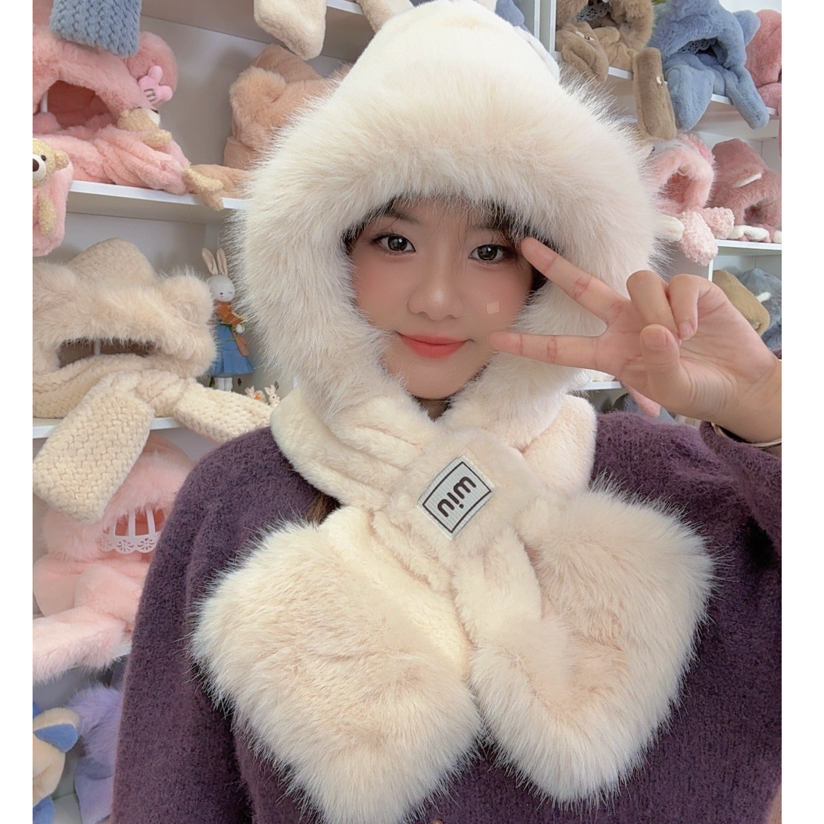 毛绒帽子围巾一体女冬季保暖加绒加厚围脖可爱防寒冬天护耳两件套