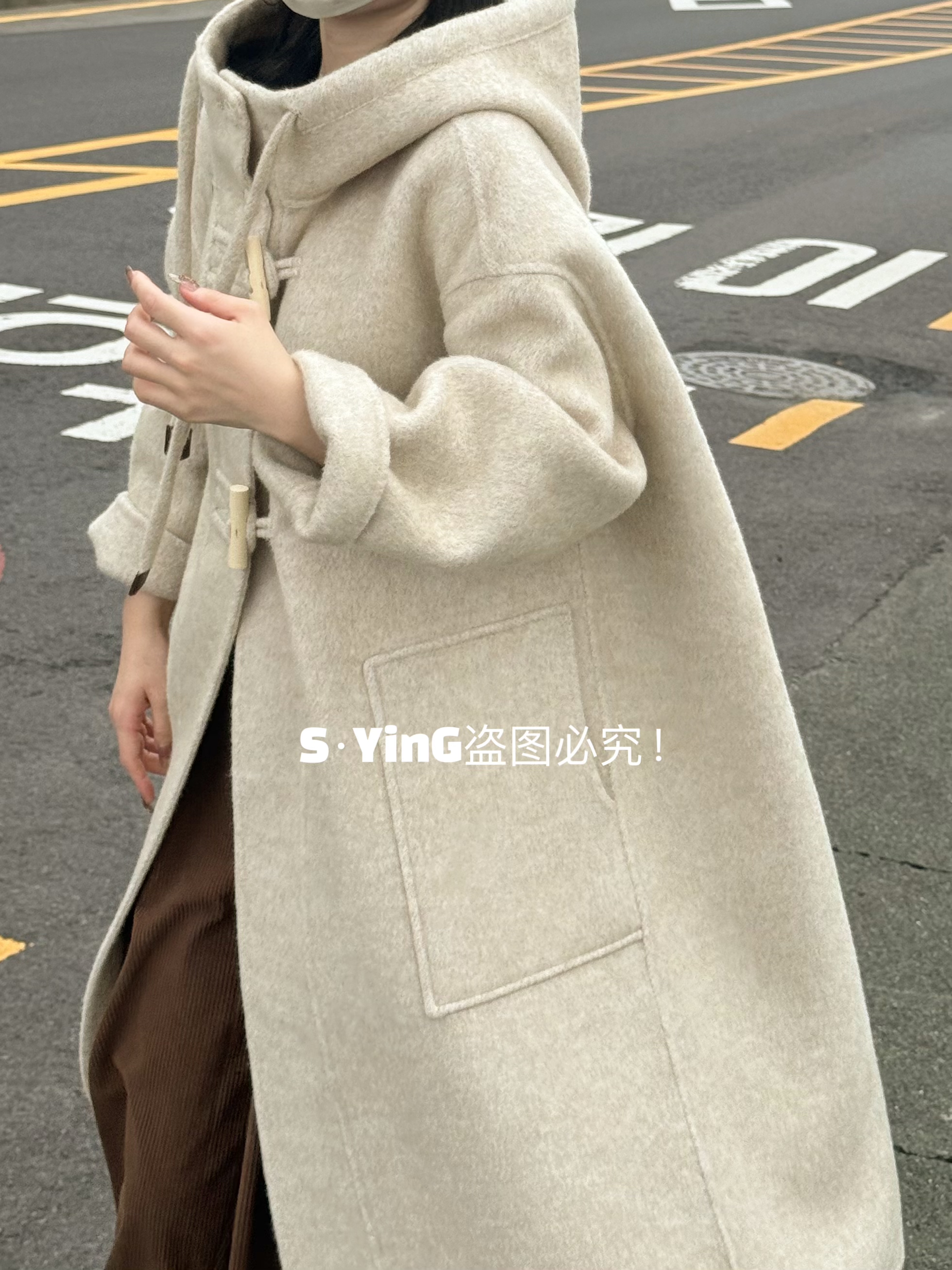 东大门韩系美学慵懒风澳洲双面连帽大衣同款秋冬新款外套中长款