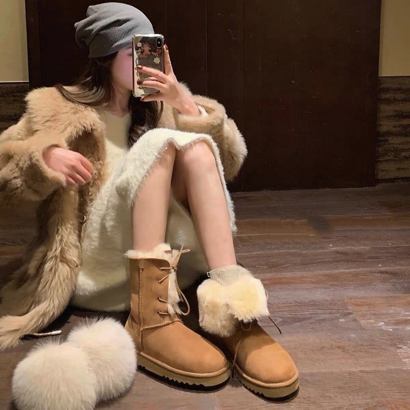 回力瑞雪地靴女皮毛一体2023新款两穿系带蝴蝶结中筒女神东北棉鞋