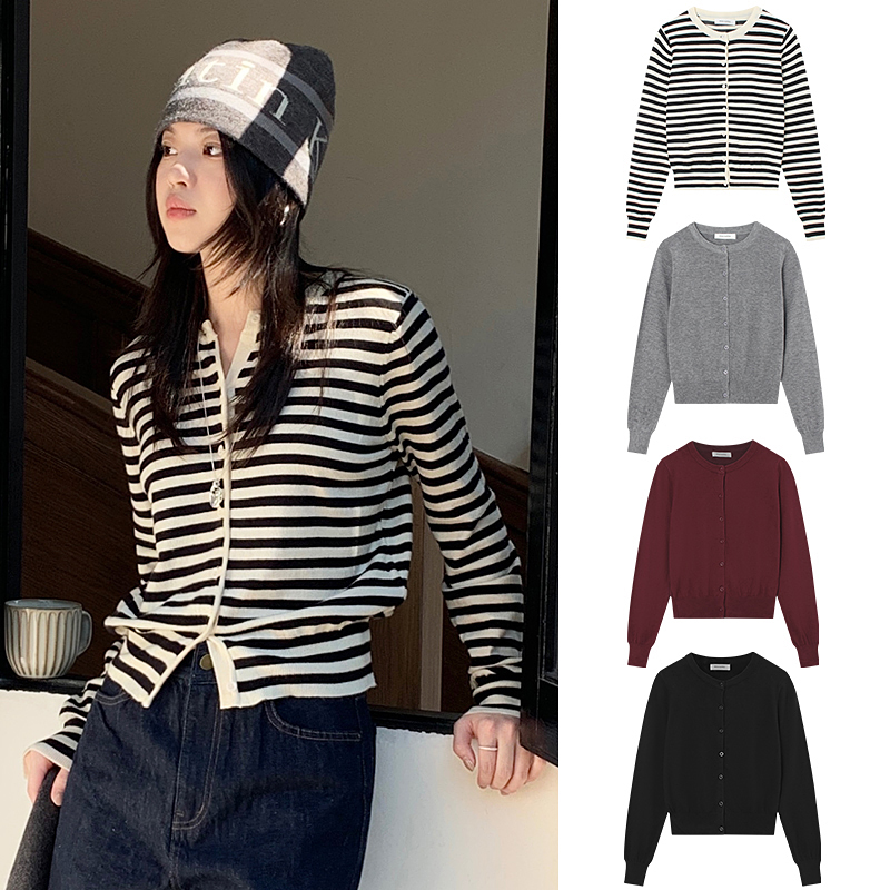 Miss sumeyY3601自制韩系撞色基础百搭单排扣减龄针织开衫毛衣