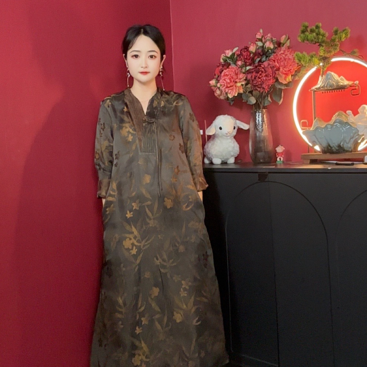 （竹韵）新款v领高端宽松改良版旗袍连衣裙