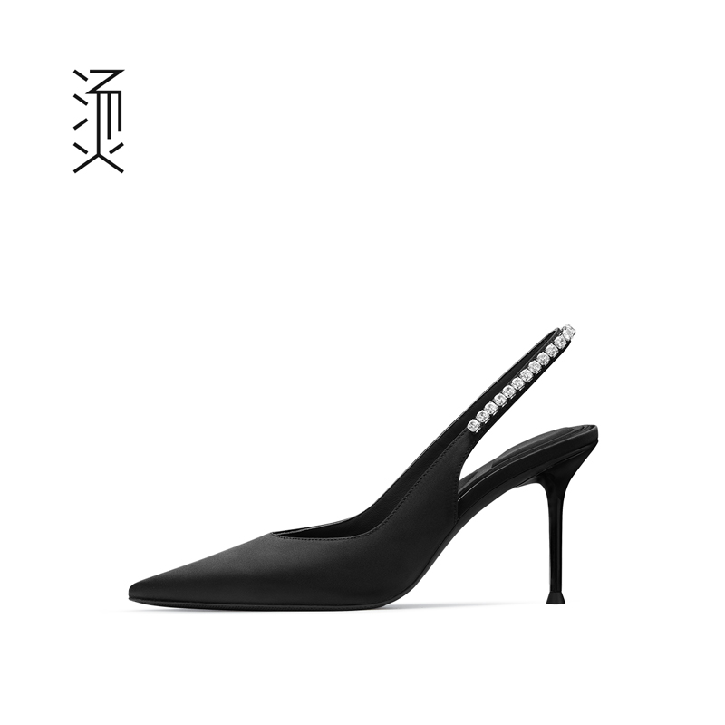 烫[自]黑沙丁后钻链后空高跟单鞋高跟女单鞋