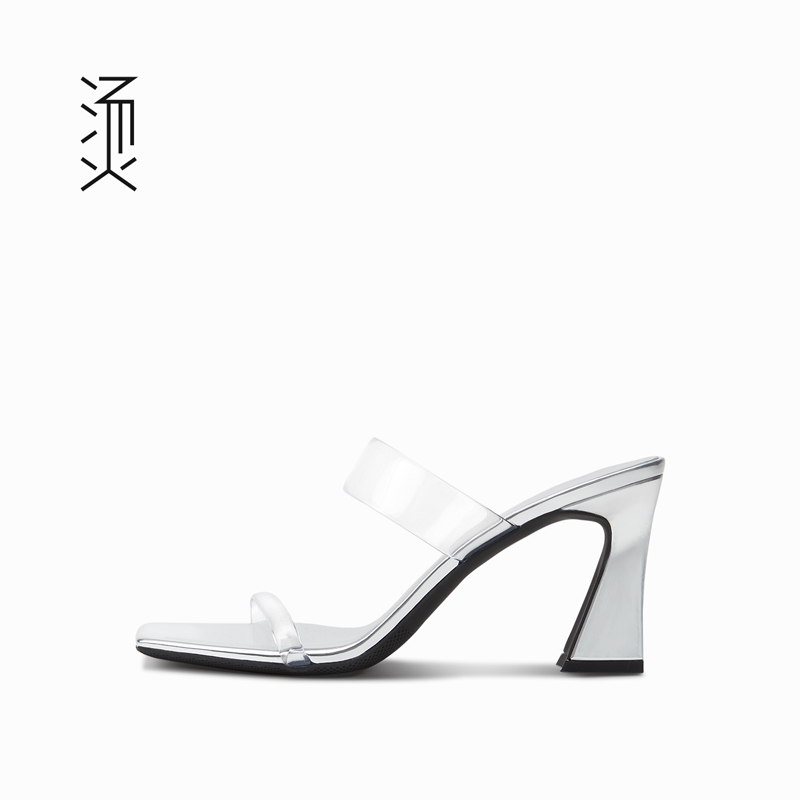 烫[自]透明方头金属亮银色性感一字带高跟夏季新款外穿休闲凉拖