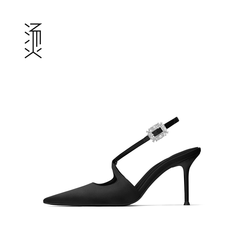 烫[自]黑色布面尖头后空交叉带细高跟鞋2024新款法式水钻凉单女鞋