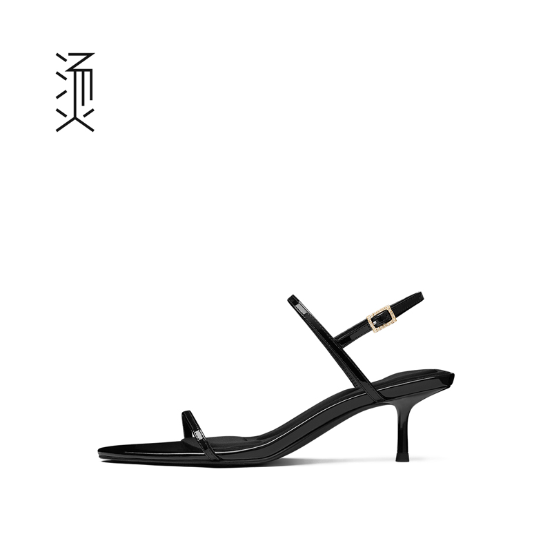 烫[自]黑漆皮一字带女鞋2024春夏新款法式外穿高级感中高跟小凉鞋