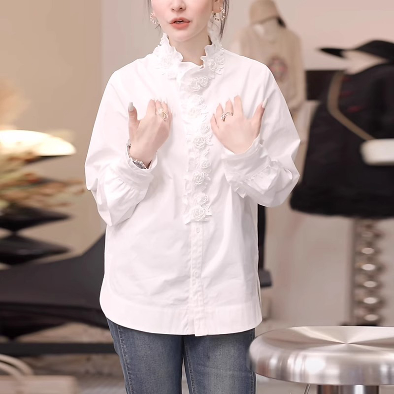 白色花边立领长袖衬衫女2025秋季高级感气质减龄内搭叠穿打底上衣