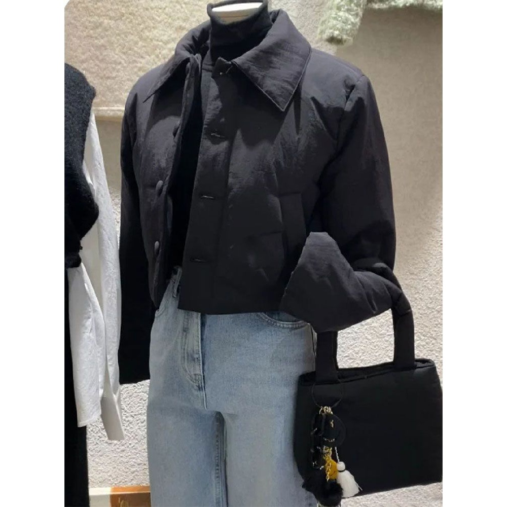 冬季加厚保暖温柔风短外套小众设计感韩版黑色服百搭高小个子棉服