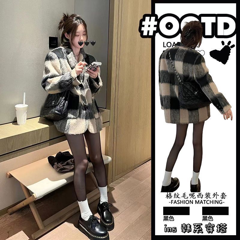 小香风毛呢西装外套女秋冬款气质减龄宽松显瘦加厚保暖黑白格大衣