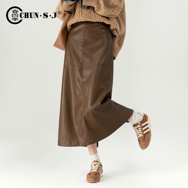 pu皮裙半身裙中长款2025年新款冬季气质开叉高腰显瘦复古直筒裙子
