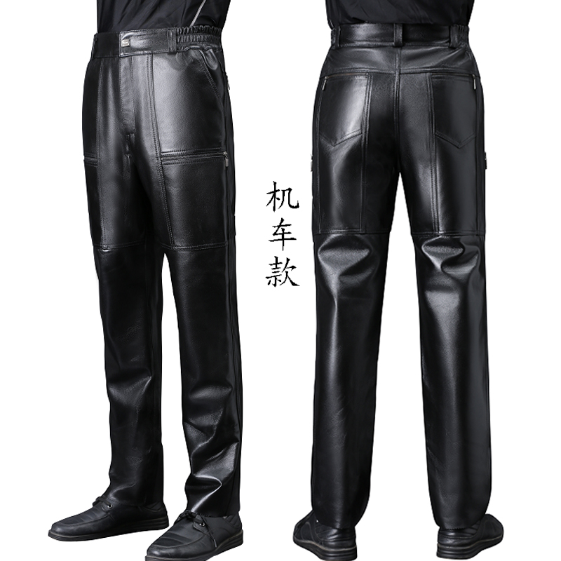 摩托车机车裤皮裤男士真皮头层牛皮中老年加绒加厚宽松防风休闲裤
