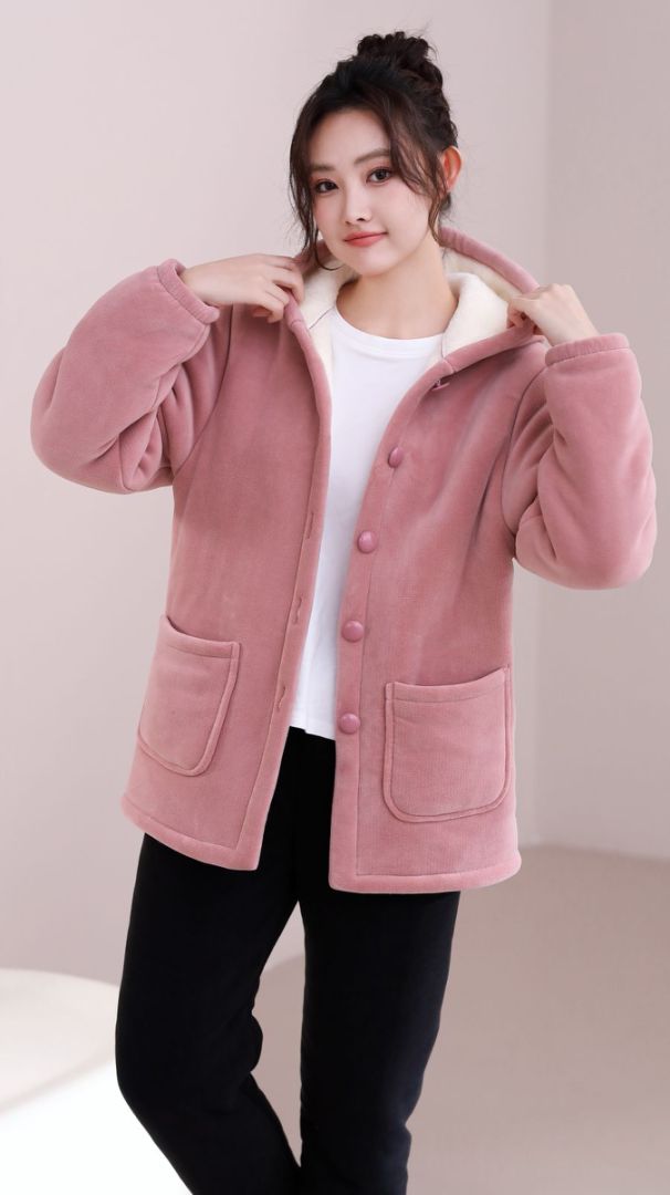 连帽纽扣海豚絾加厚加绒舒适百搭保暖可外穿居家睡衣套装