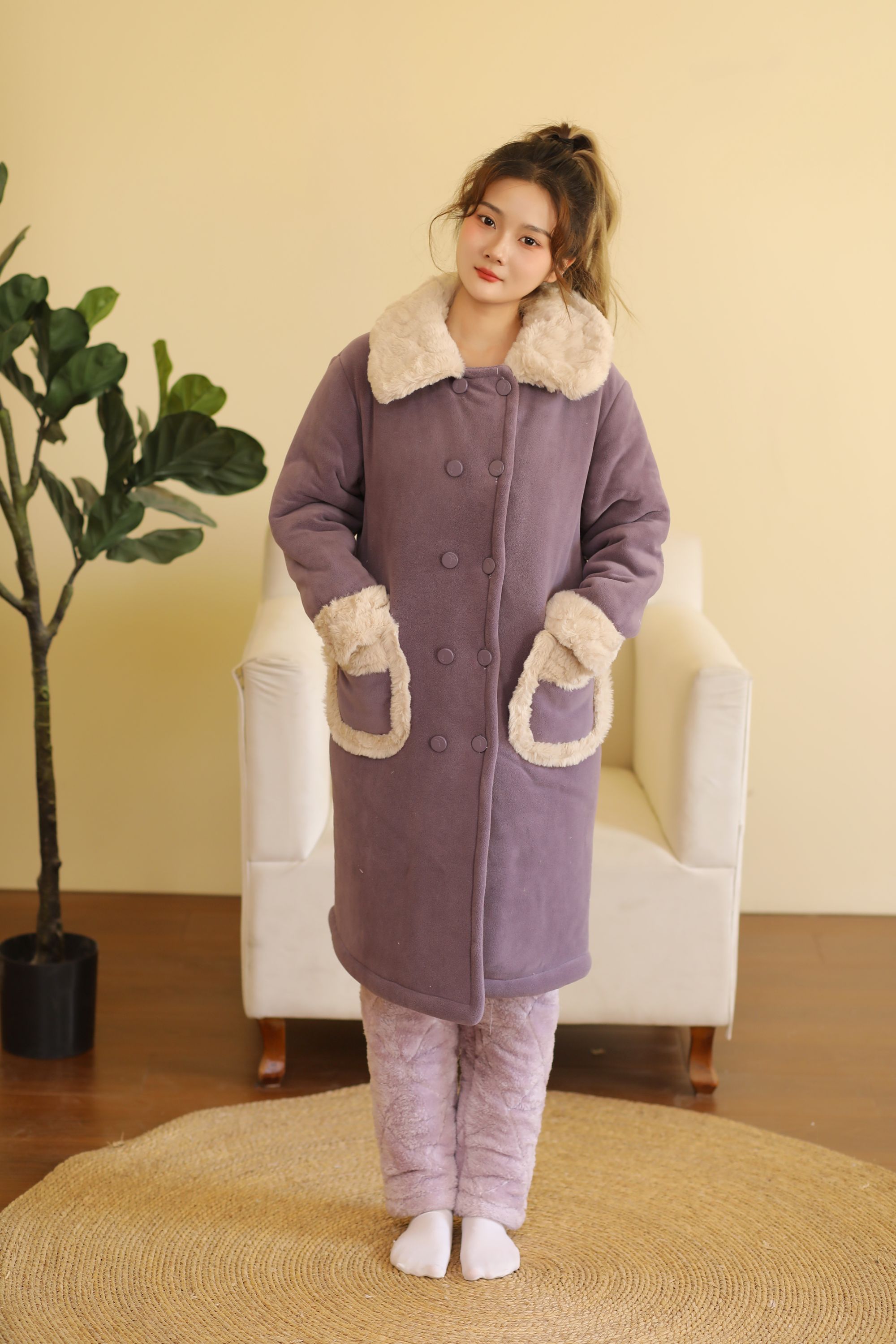 双排扣大毛领中式家居服可外穿大衣外套冬季保时长款加绒单件