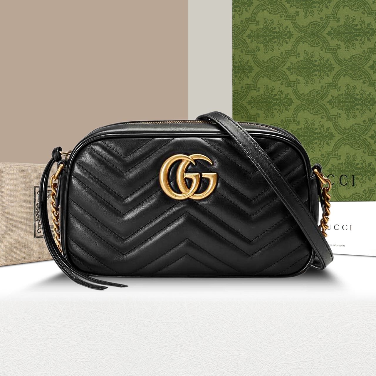 99新 GUCCI/古驰 黑色牛皮双G Marmont相机包