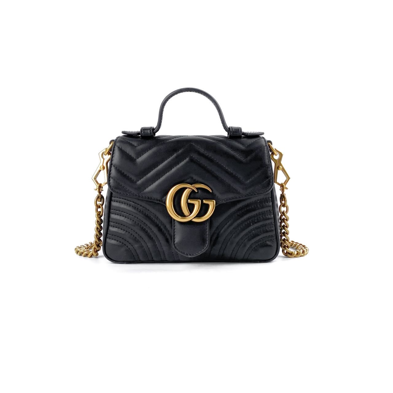 99新 GUCCI/古驰 黑色/白色 牛皮双G Marmont邮差包手提单肩包