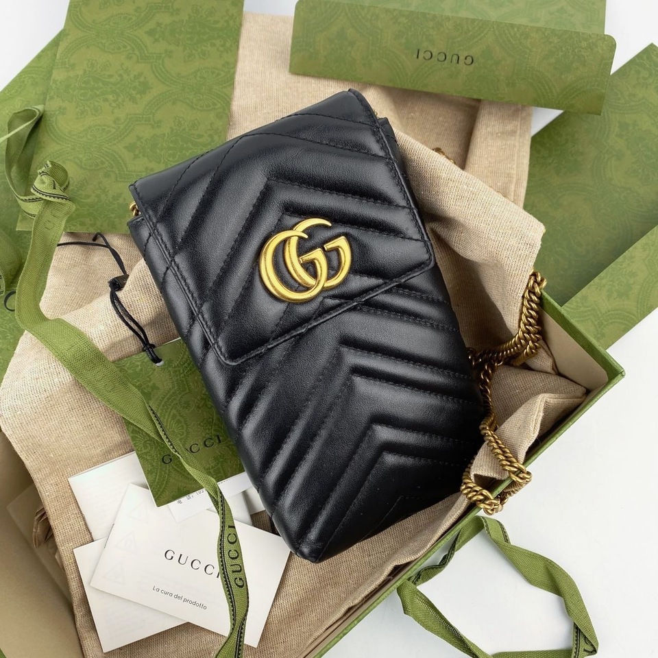 95新 GUCCI/古驰 黑色牛皮双G Marmont手机包竖版
