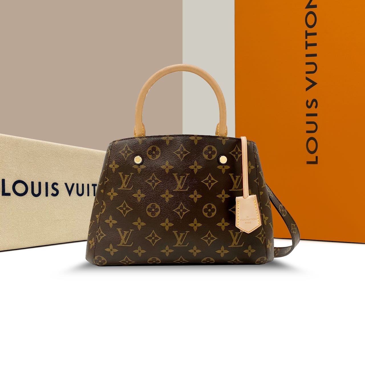 95新 LouisVuitton/路易威登 老花牛皮蒙田BB手提单肩包