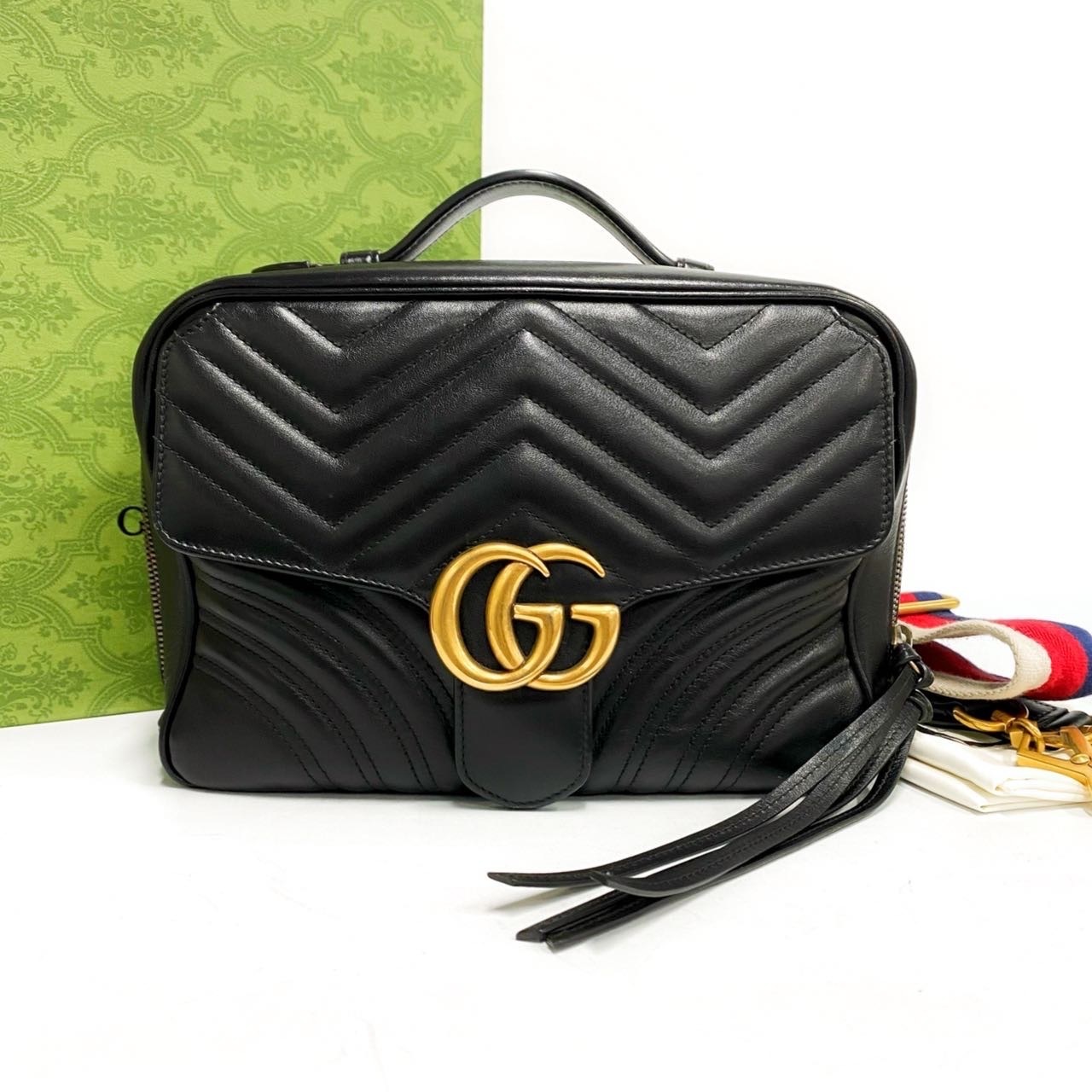 95新 GUCCI/古驰 黑色牛皮双GMarmont相机包