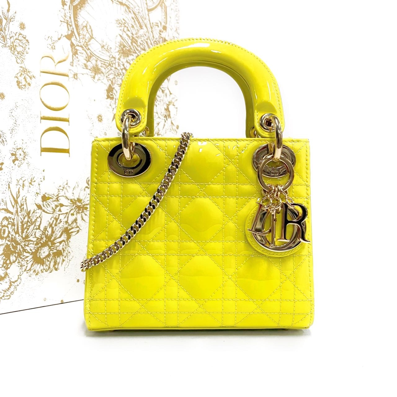 全新未使用 DIOR/迪奥 22年全新全套新款黄绿色漆皮三格戴妃包