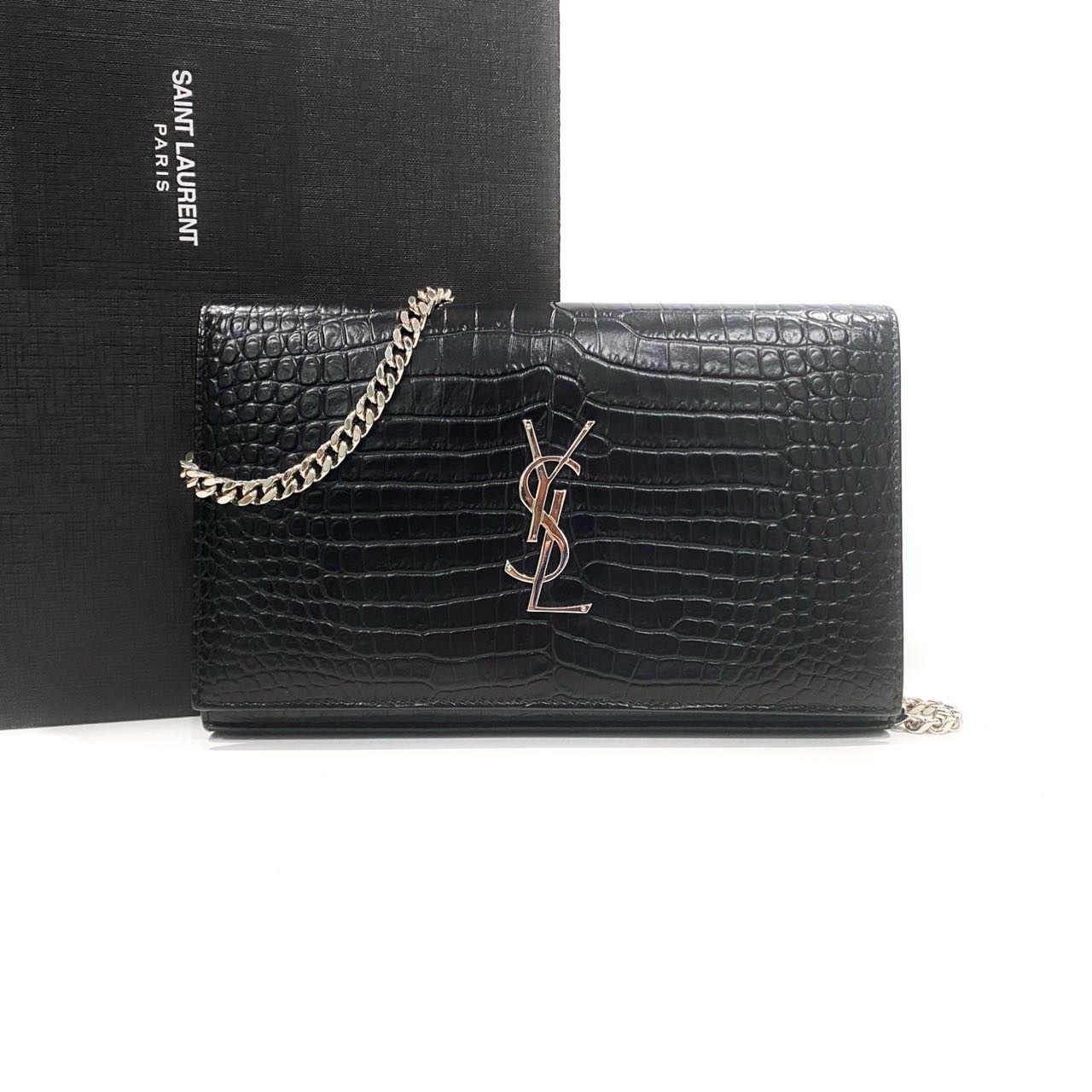 95新 YSL/圣罗兰 鳄鱼压纹Kate黑色银标手拿包链条包单肩包