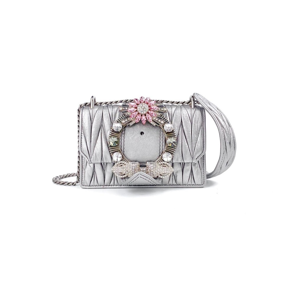95新 MIU MIU/缪缪 褶皱纹银色钻石花链条包单肩包