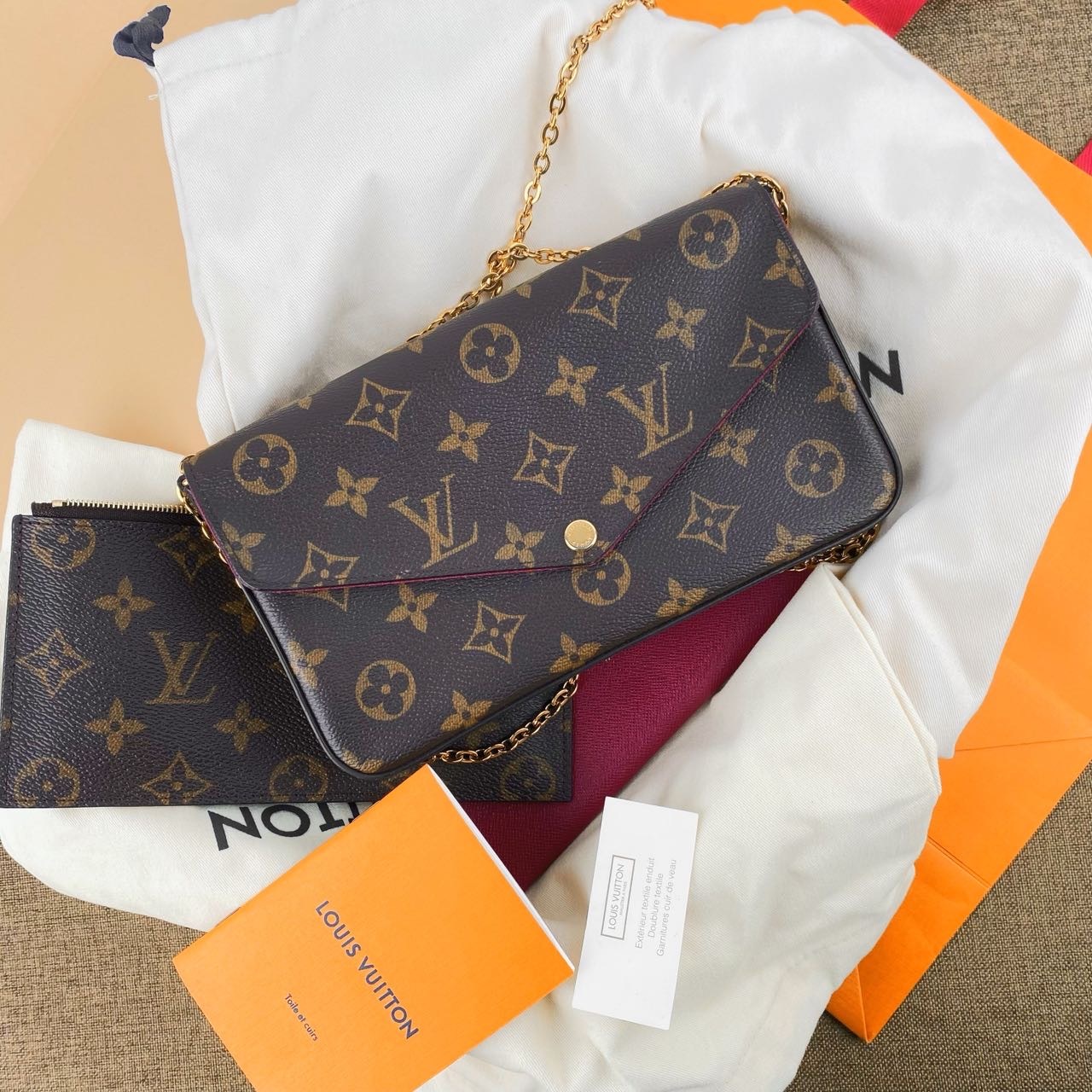 99新 LouisVuitton/路易威登 老花PochetteFélicie玫红色三合一