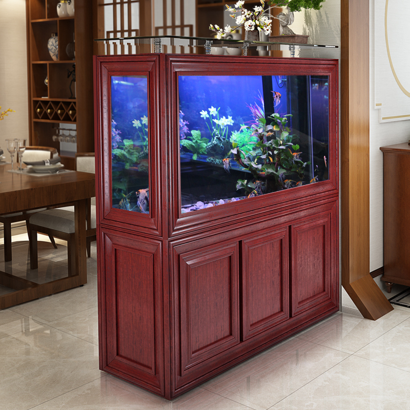 中式鱼缸红木色柚木色大型水族箱龙流水客厅生态玻璃鱼缸底滤流水