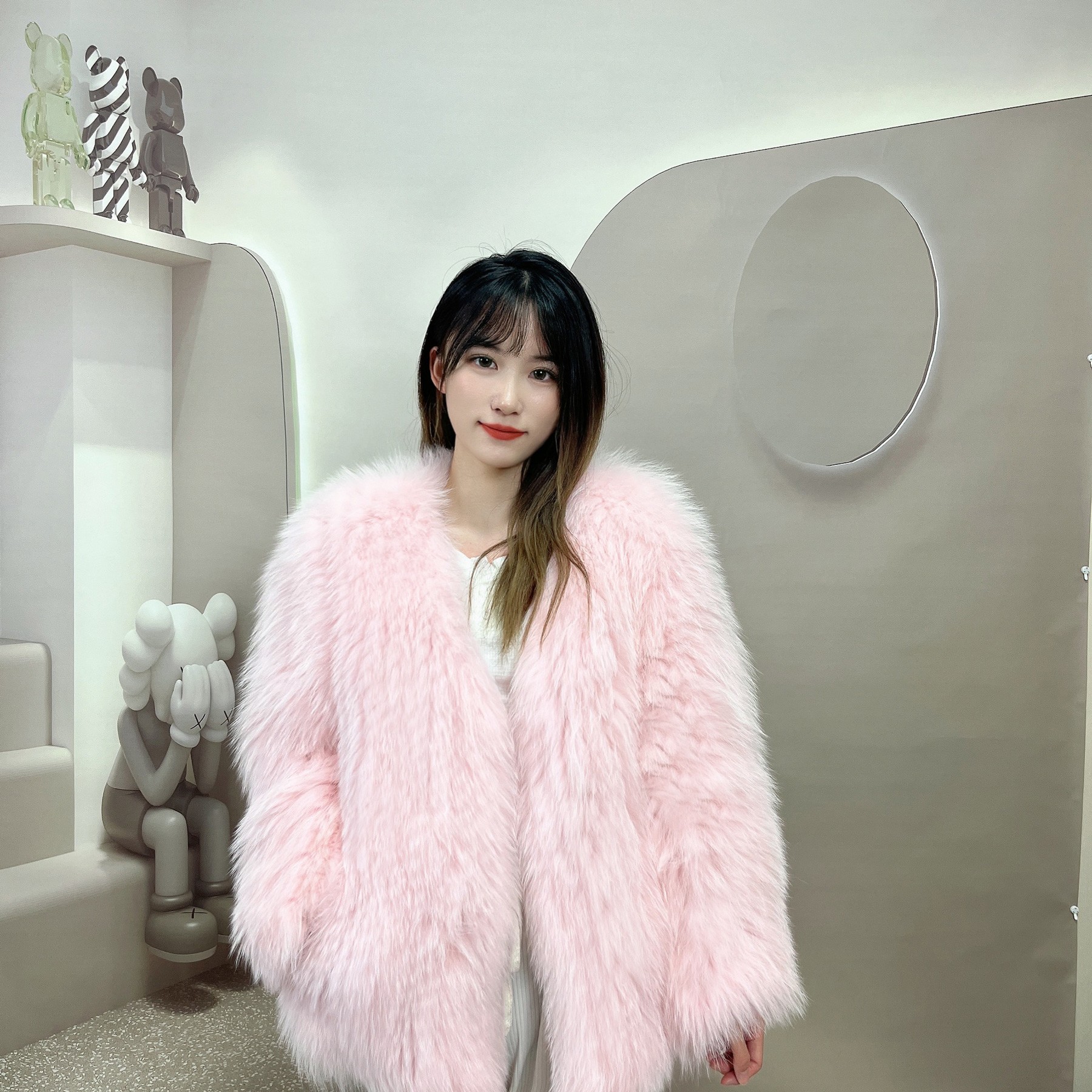 M佳 狐狸毛双面皮草编织加厚时髦v领显瘦气质中长款外套