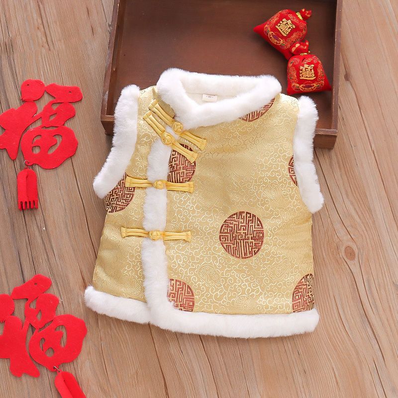 过年宝宝衣服喜庆唐装马甲背心男女童秋冬拜年服儿童唐装马褂加棉