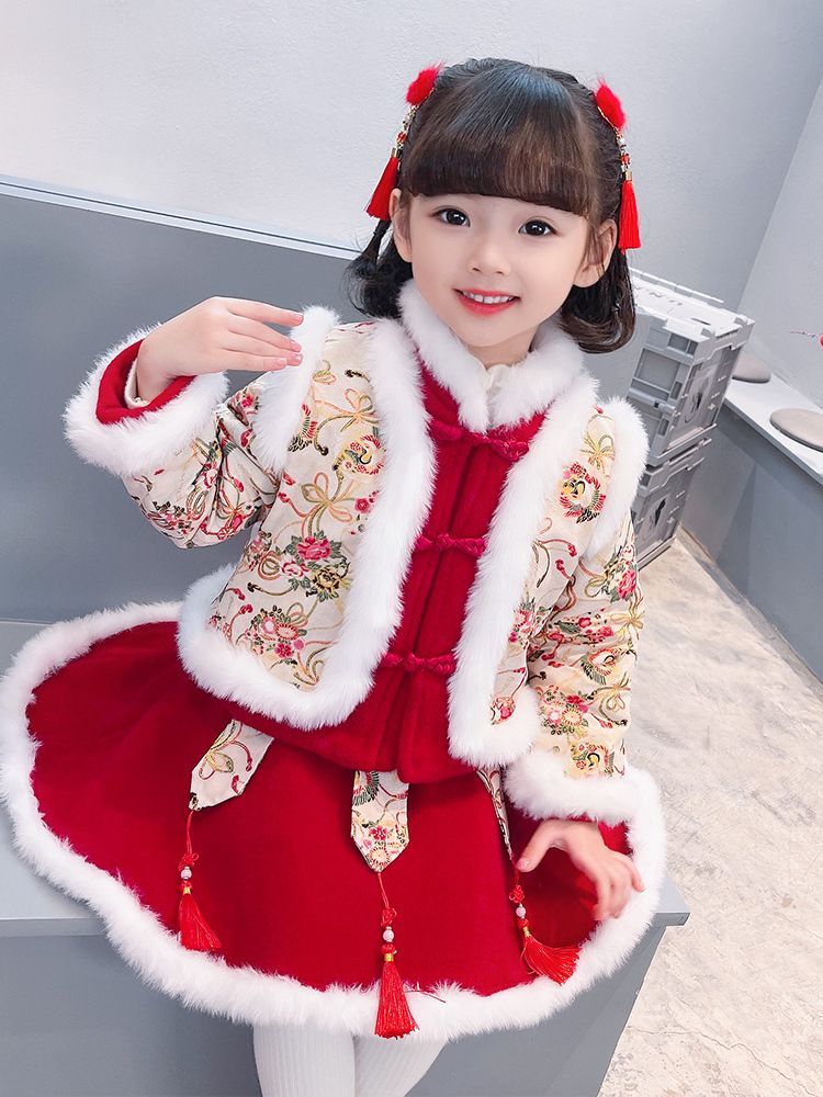 汉服女童冬季冬装加绒新年套装儿童中国加厚唐装过年宝宝衣服拜年