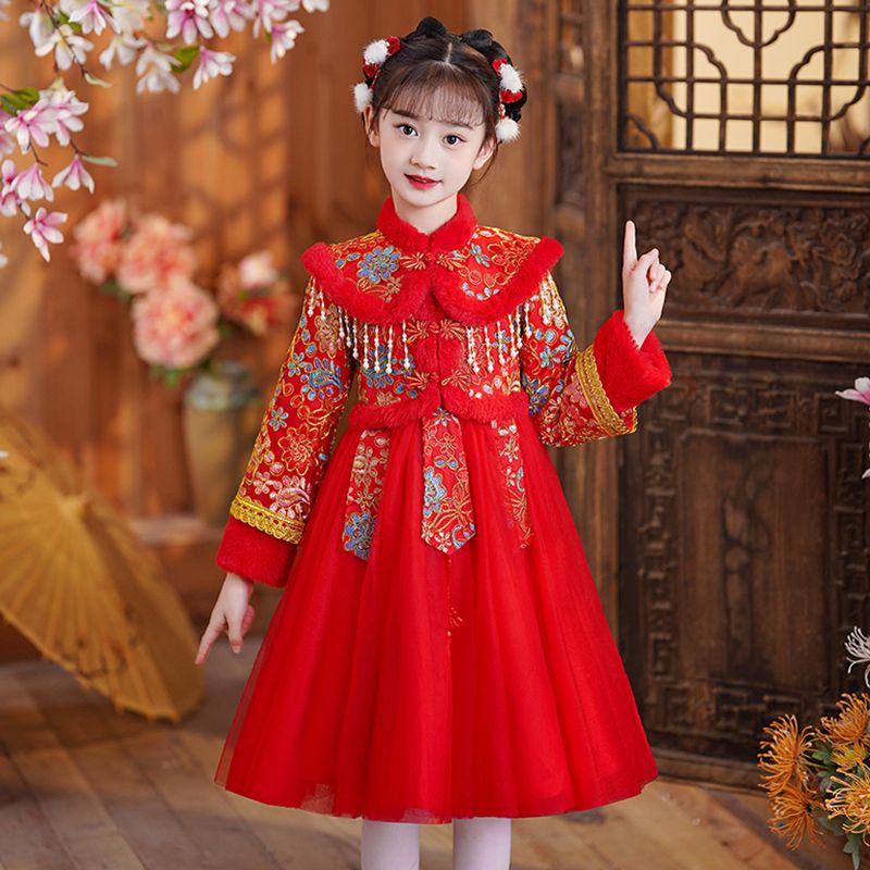中国风汉服童年最新款公主风防寒时尚加绒连衣裙儿童女宝宝过年服