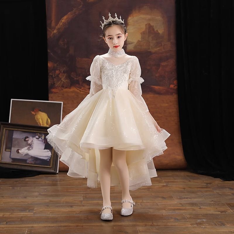 儿童晚礼服女童公主裙小孩花童婚纱生日长袖主持人钢琴演出服春秋