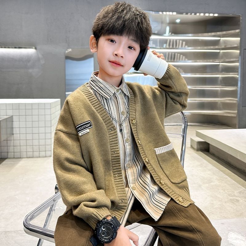 儿童毛衣开衫春秋新款男童针织衫毛衣外套衬衫套装中大童三件套潮