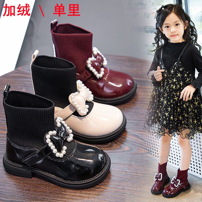 儿童鞋子2023春秋新款女童袜靴公主风针织靴小中大童软底防滑皮鞋