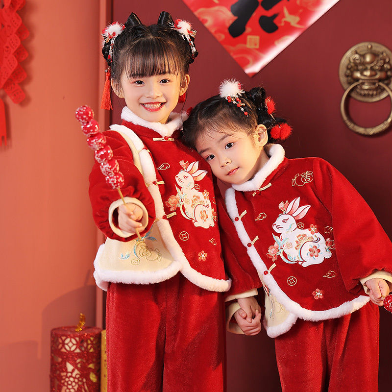 【花若烟】汉服儿童女冬季兔年洋气拜年服唐装古装新年喜庆周岁礼