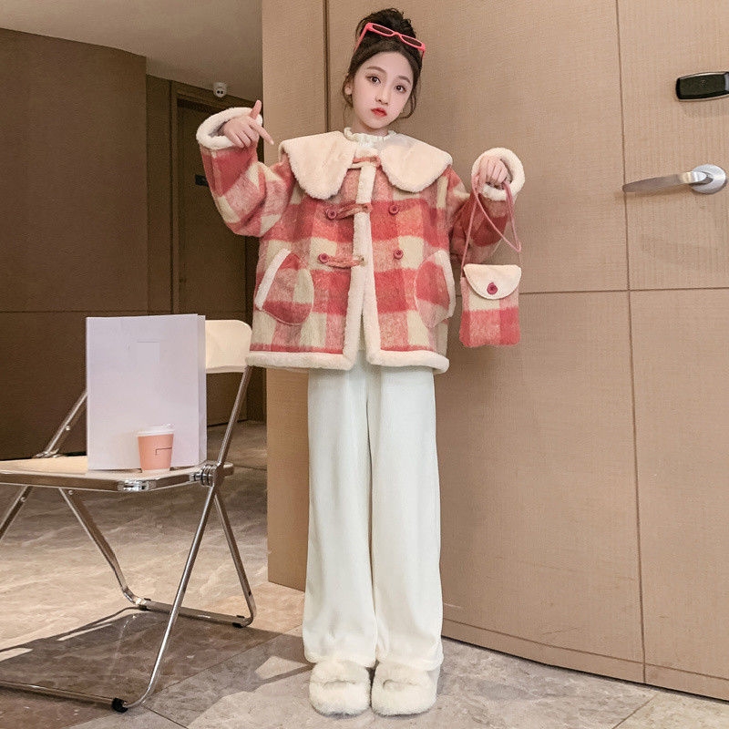 【花若烟】女童加绒外套冬季2023新款中大童女孩加厚皮毛一体格子