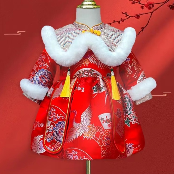 【花若烟】周岁礼服女抓周唐装连体中国风女童婴幼儿过年宝宝拜年