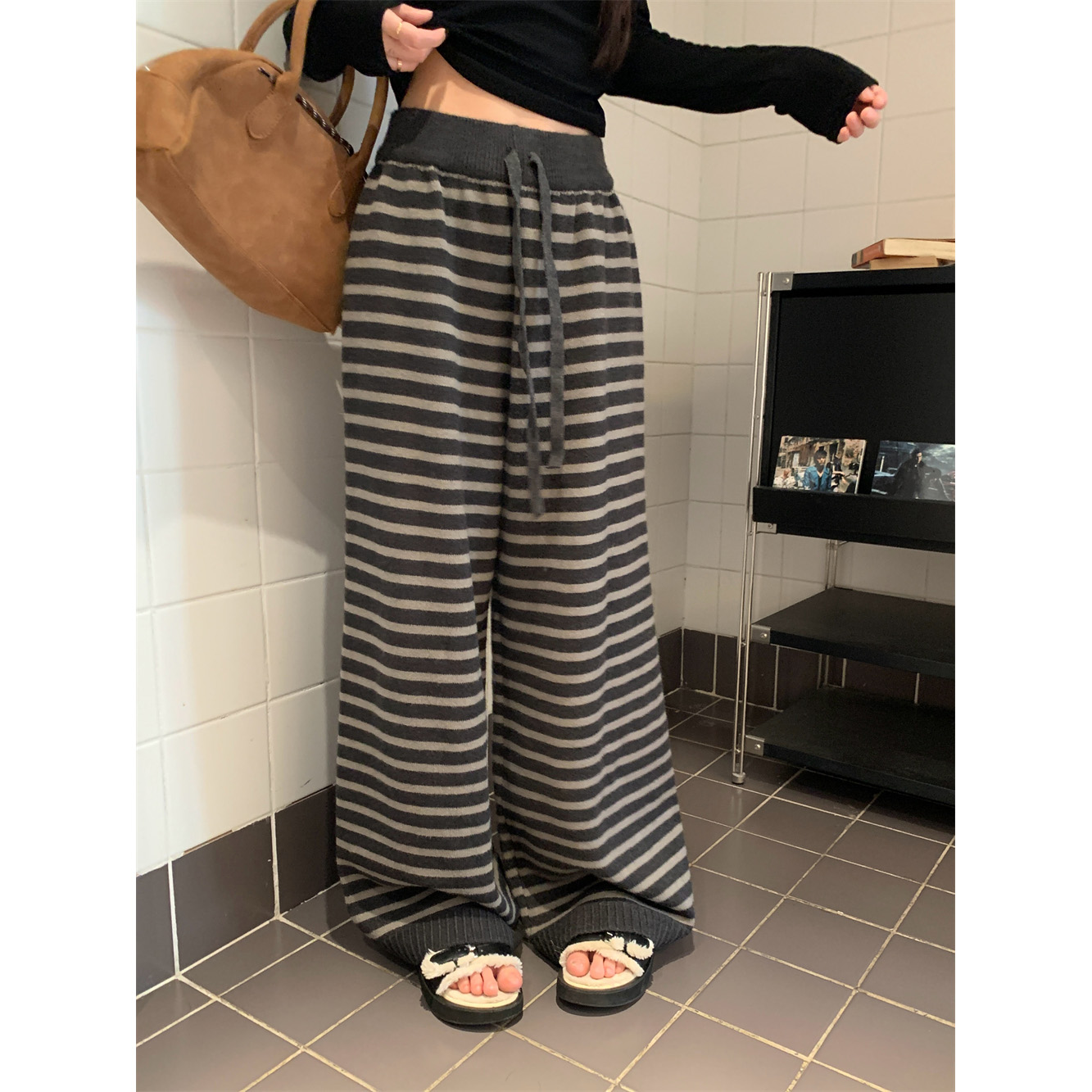 慵懒风灰色条纹针织休闲裤女秋冬宽松直筒垂感阔腿裤子拖地裤长裤