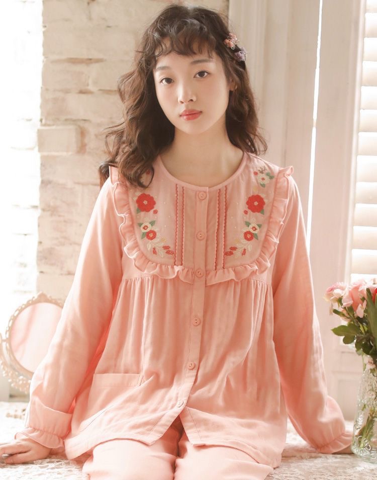 100%纯棉睡衣女春秋季新款爆款刺绣宽松甜美高档家居服套装