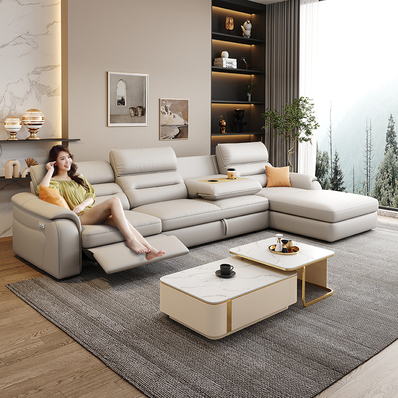 业友623#电动沙发床简约家用客厅沙发床两用电动头层牛皮沙发床