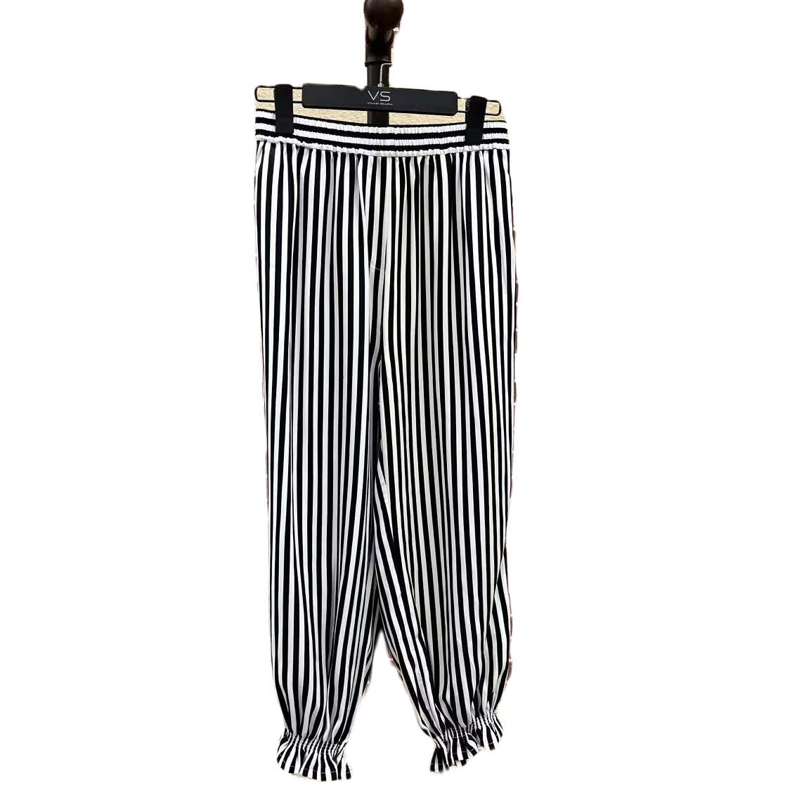 【布知足】亚麻弹力时尚休闲女士束脚黑白条纹设计师长裤显瘦束脚裤