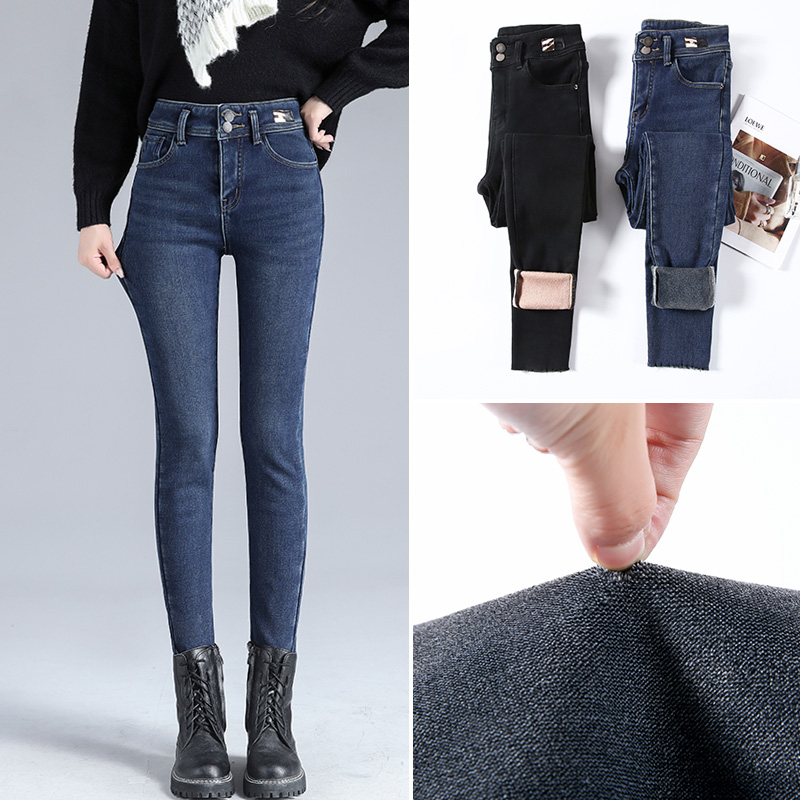 冬季新款加绒弹力高腰小脚裤女丹宁蓝大码显瘦外穿加厚铅笔牛仔裤